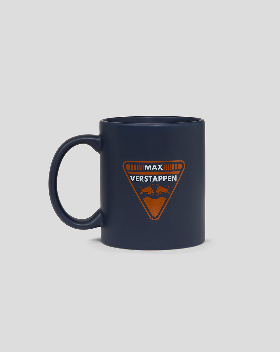 Dark blue ceramic mug featuring an orange Max Verstappen crest logo