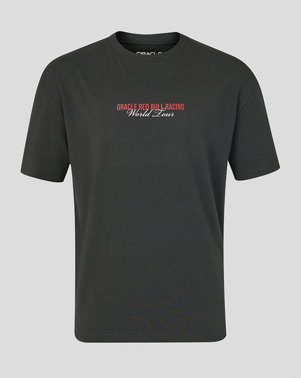 Black Oracle Red Bull Racing World Tour T Shirt with red chest logo and back print of the 2026 race schedule.