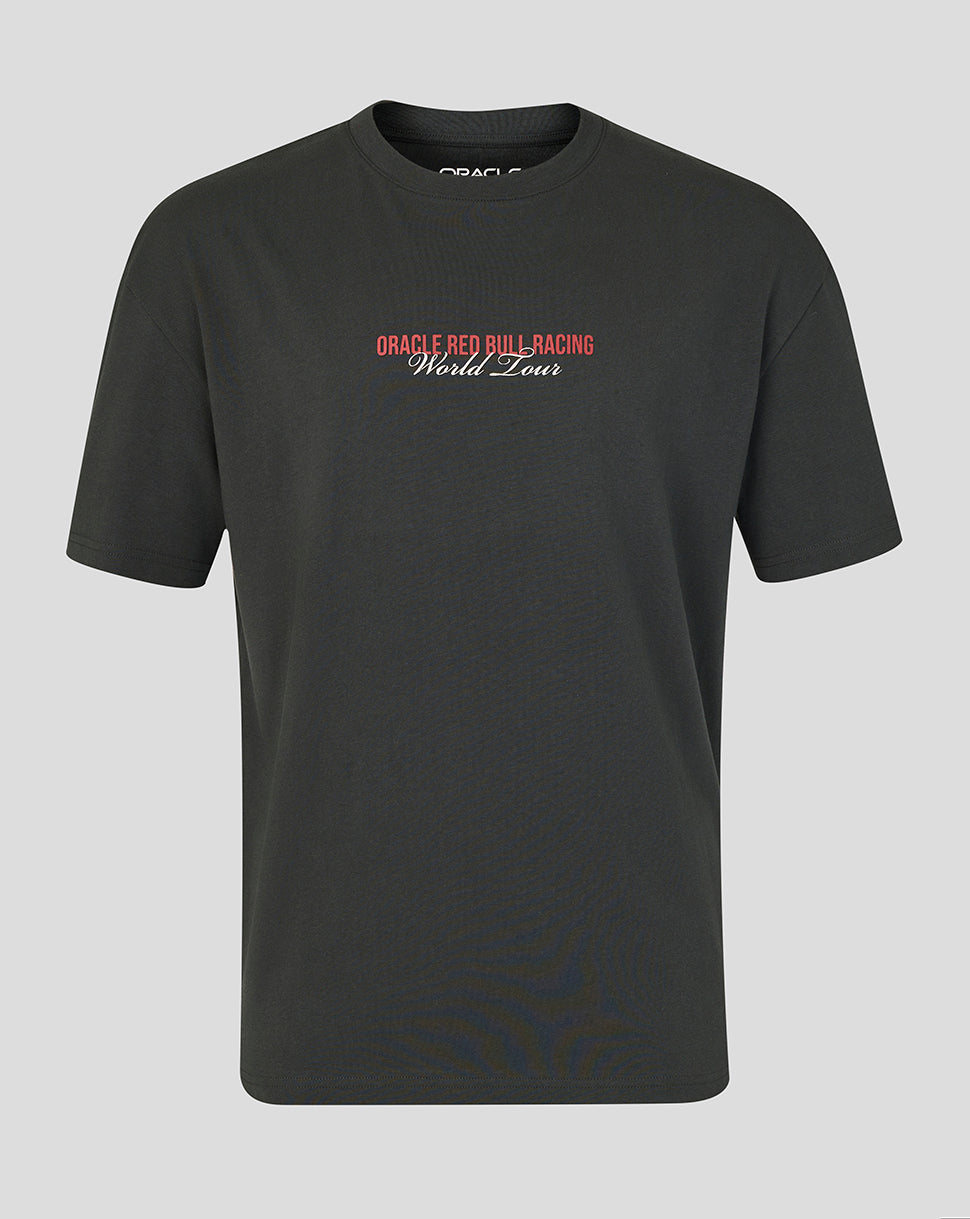 Black Oracle Red Bull Racing World Tour T Shirt with red chest logo and back print of the 2026 race schedule.