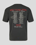 Back view of black Oracle Red Bull Racing World Tour T shirt showing a white city list graphic and 2026 World Tour at the bottom.