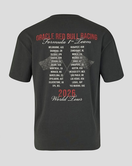Back view of black Oracle Red Bull Racing World Tour T shirt showing a white city list graphic and 2026 World Tour at the bottom.