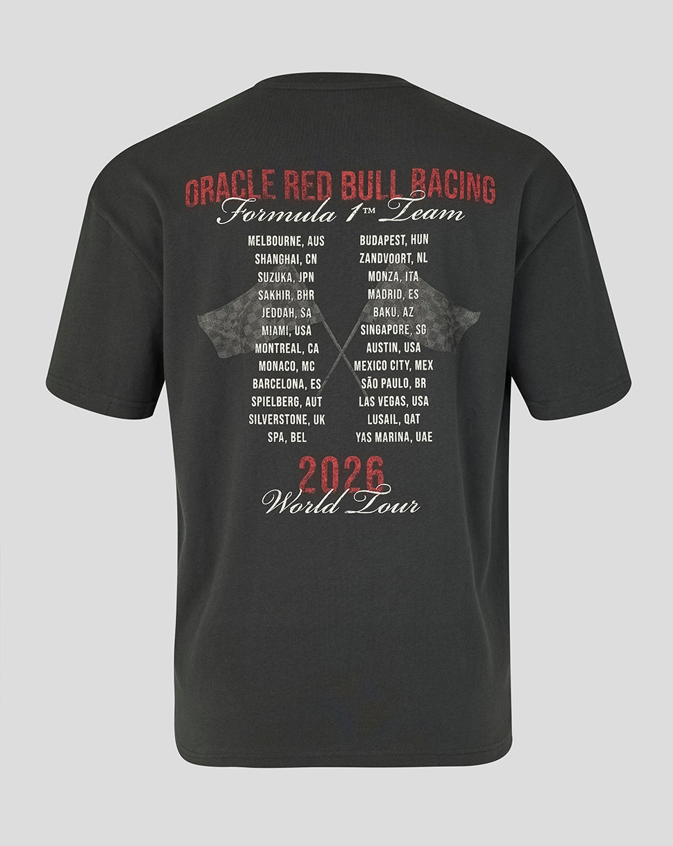 Back view of black Oracle Red Bull Racing World Tour T shirt showing a white city list graphic and 2026 World Tour at the bottom.