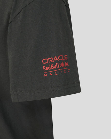 Close-up of the sleeve on a black World Tour T shirt with a red Oracle Red Bull Racing logo.