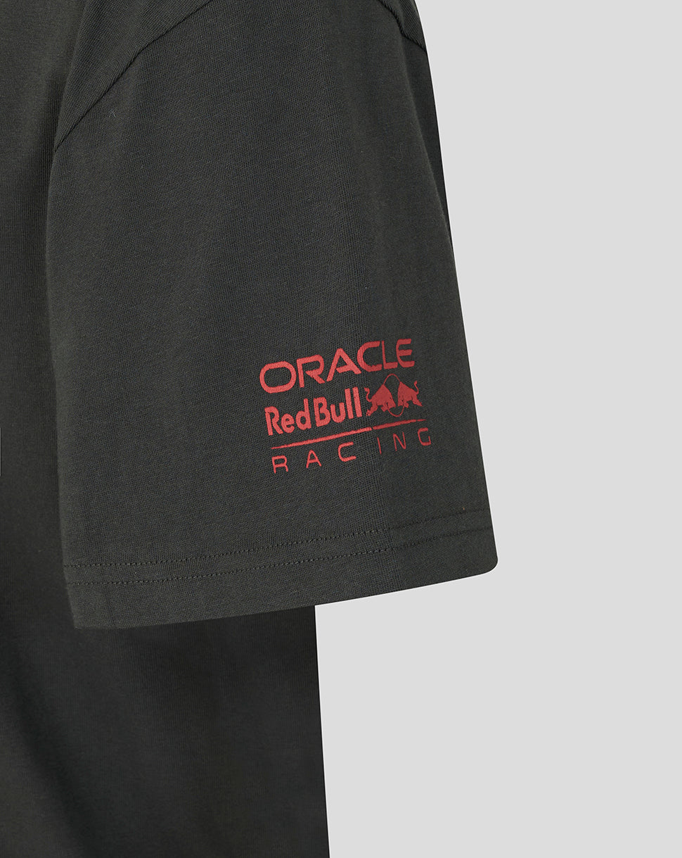Close-up of the sleeve on a black World Tour T shirt with a red Oracle Red Bull Racing logo.