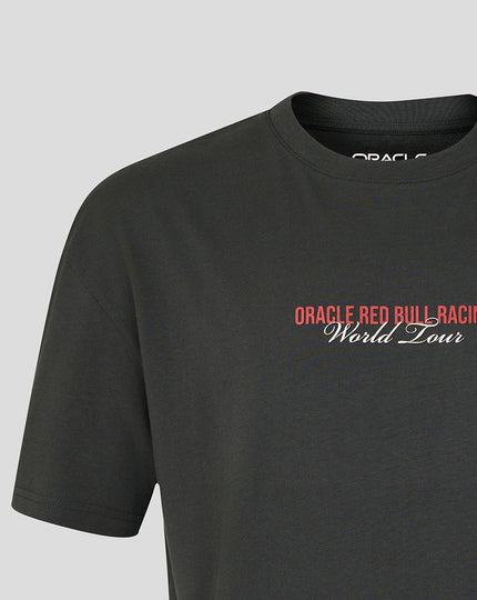 Close-up of the front chest print on a black World Tour T shirt reading Oracle Red Bull Racing World Tour.