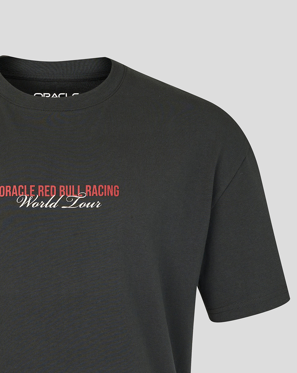 Black Oracle Red Bull Racing World Tour relaxed fit T shirt with red chest logo and white World Tour script.