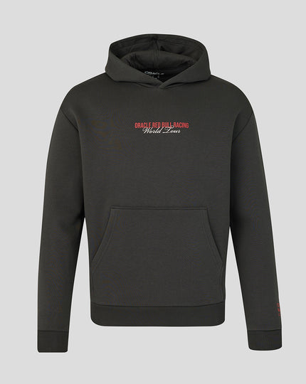 Front view of black Oracle Red Bull Racing World Tour Hoodie with chest graphic and front pouch pocket