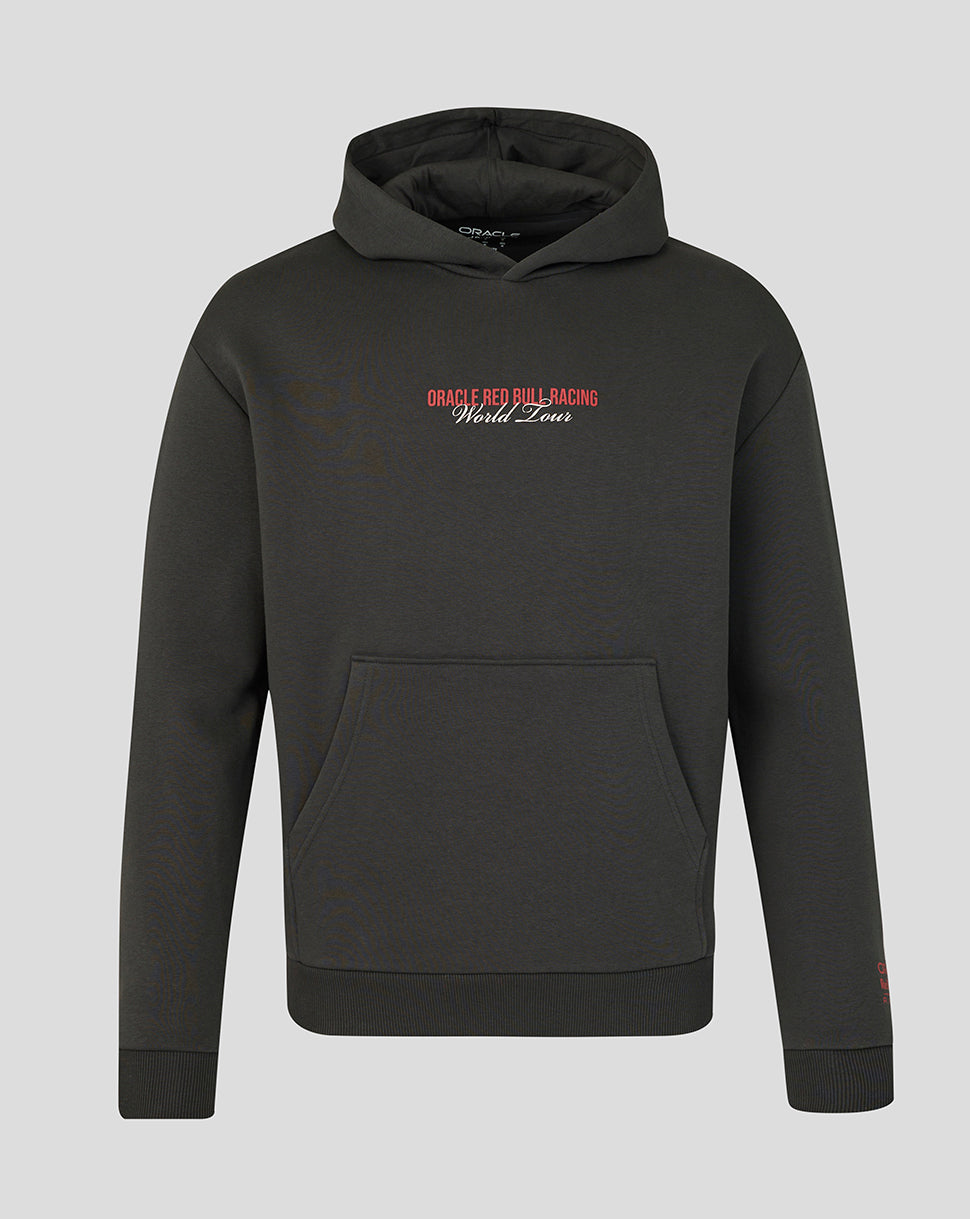 Front view of black Oracle Red Bull Racing World Tour Hoodie with chest graphic and front pouch pocket