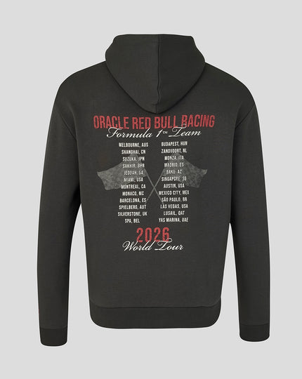 Back view of black Oracle Red Bull Racing World Tour Hoodie with a large 2026 World Tour schedule print