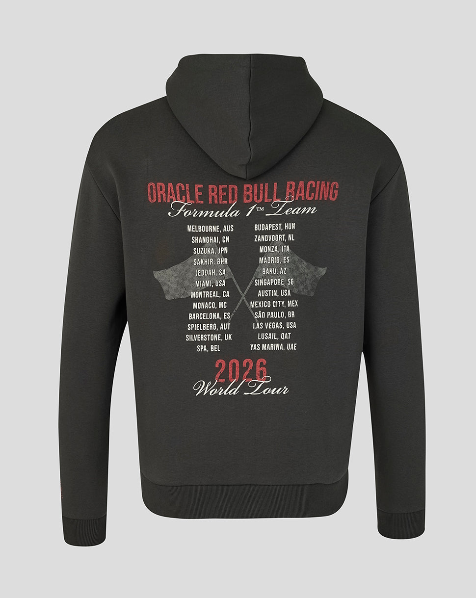 Back view of black Oracle Red Bull Racing World Tour Hoodie with a large 2026 World Tour schedule print