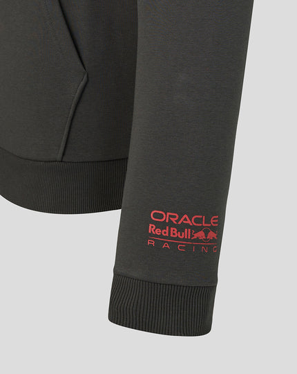 Close up of black hoodie sleeve with red Oracle Red Bull Racing logo near the cuff