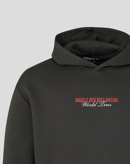 Black Oracle Red Bull Racing World Tour Hoodie with a small chest graphic and a bold back print of the 2026 race schedule.