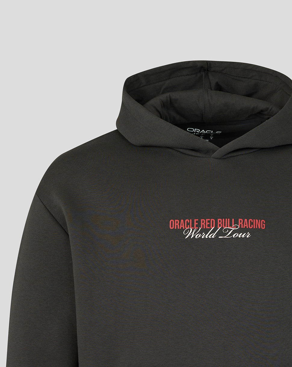 Black Oracle Red Bull Racing World Tour Hoodie with a small chest graphic and a bold back print of the 2026 race schedule.