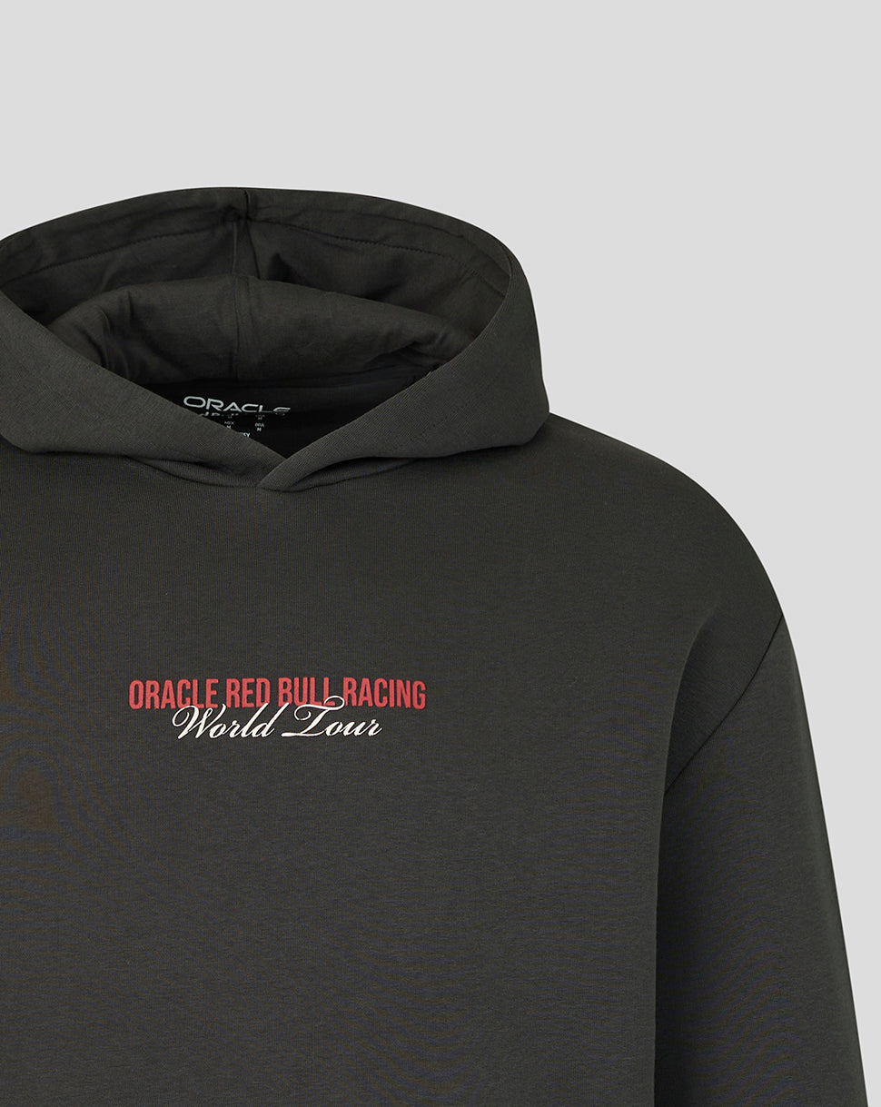 Black World Tour Hoodie with front chest graphic and a bold back print of the 2026 race schedule.