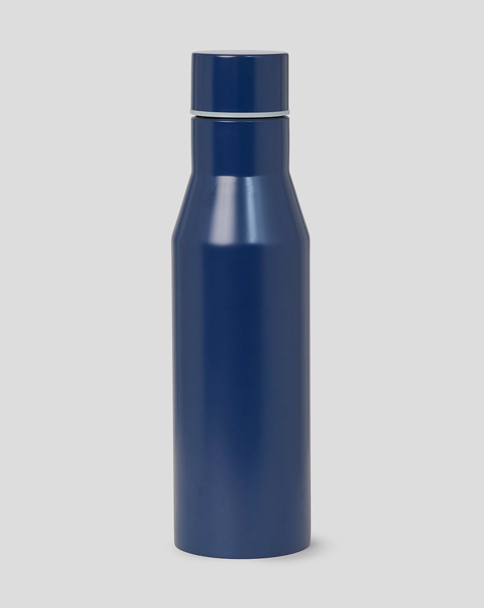 Front view of blue Oracle Red Bull Racing premium water bottle with cap on.