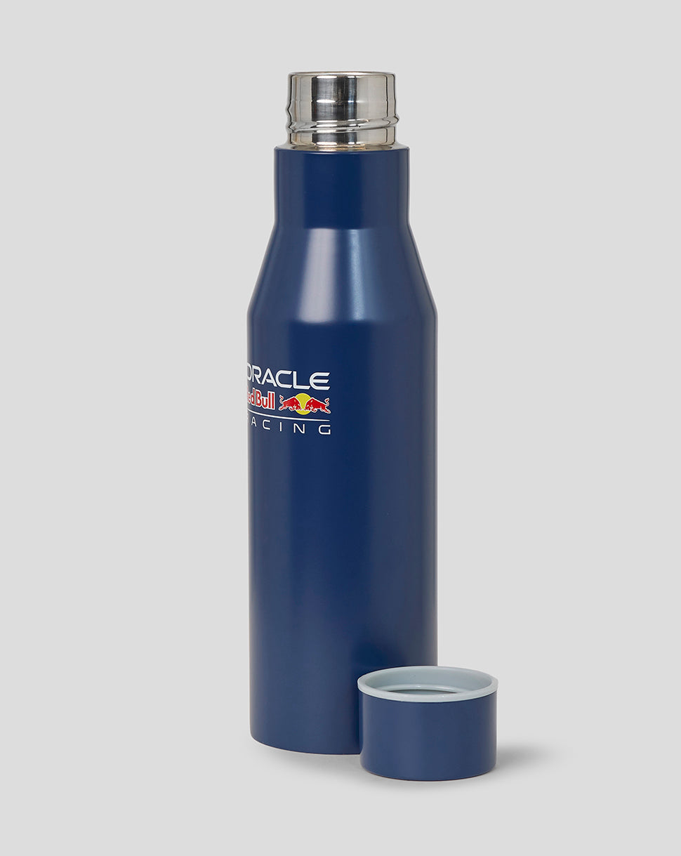 Open blue Oracle Red Bull Racing water bottle with cap removed and placed beside.
