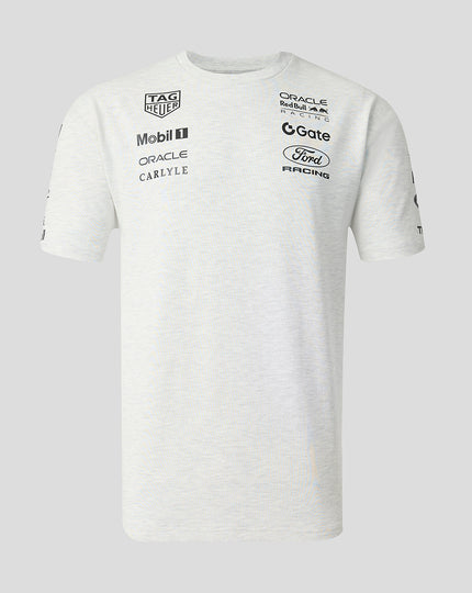 Off white marl unisex short sleeve T shirt with Oracle Red Bull Racing sponsor logos on the chest