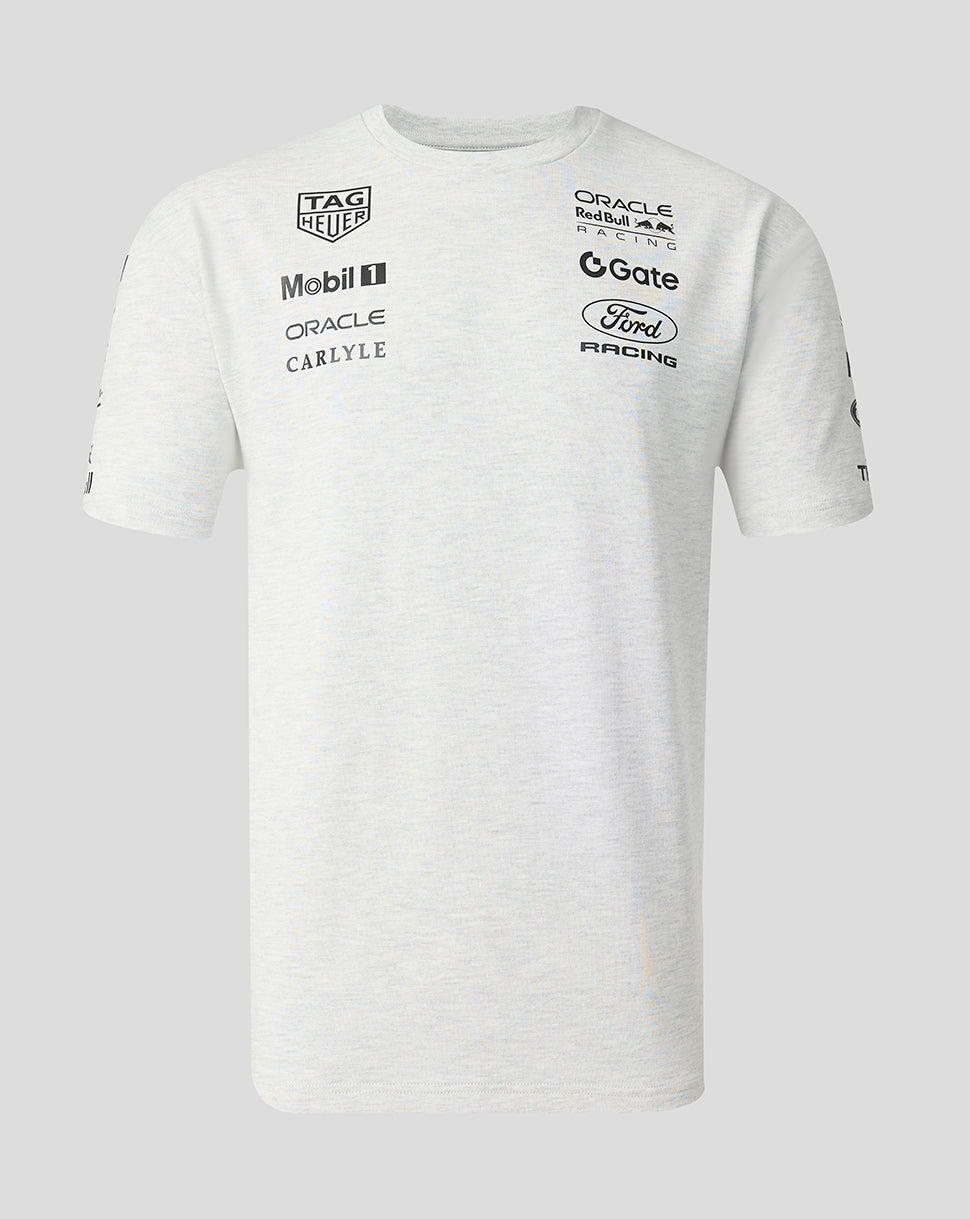 Off white marl unisex short sleeve T shirt with Oracle Red Bull Racing sponsor logos on the chest