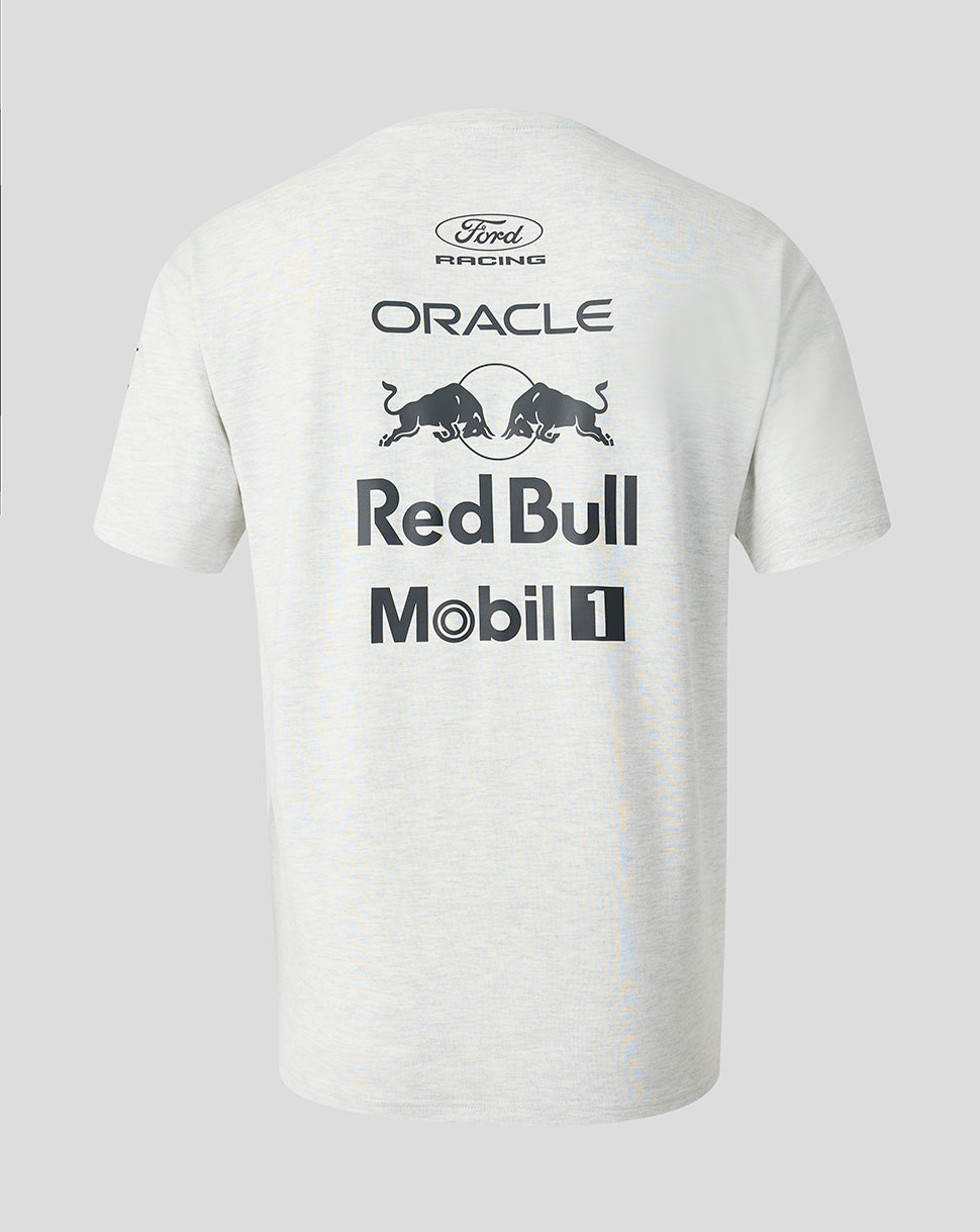Back view of the off white marl unisex T shirt with large Red Bull Oracle Mobil 1 logos