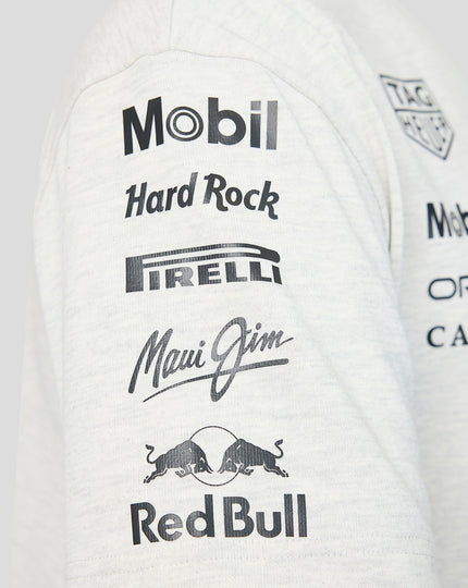 Close up of the sleeve showing Mobil Hard Rock Pirelli Maui Jim and Red Bull logos on a light heather T shirt