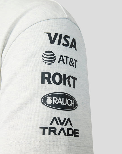 Sleeve of off white marl T shirt with vertical sponsor logos Visa AT&T ROKT Rauch and AVATRADE
