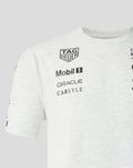 Chest area of white heather T shirt featuring Tag Heuer Mobil 1 Oracle and Carlyle logos