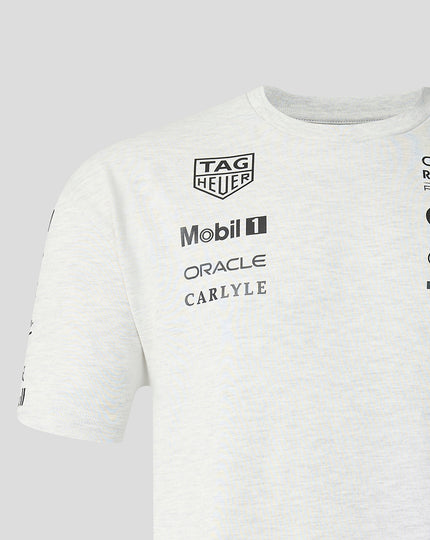 Chest area of white heather T shirt featuring Tag Heuer Mobil 1 Oracle and Carlyle logos