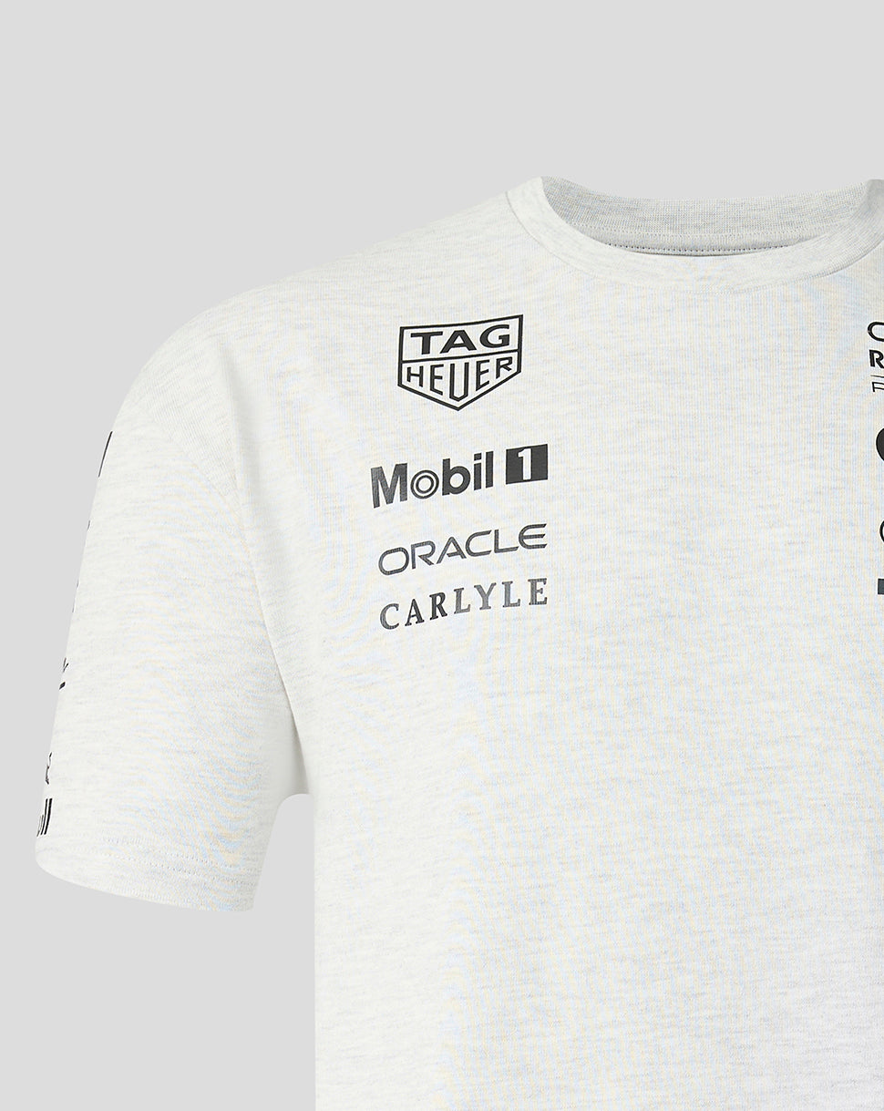Chest area of white heather T shirt featuring Tag Heuer Mobil 1 Oracle and Carlyle logos