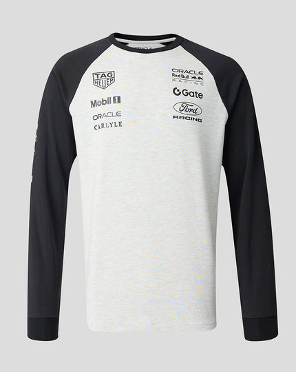 Off white marl raglan long sleeve Oracle Red Bull Racing T shirt with dark sleeves and front sponsor logos.