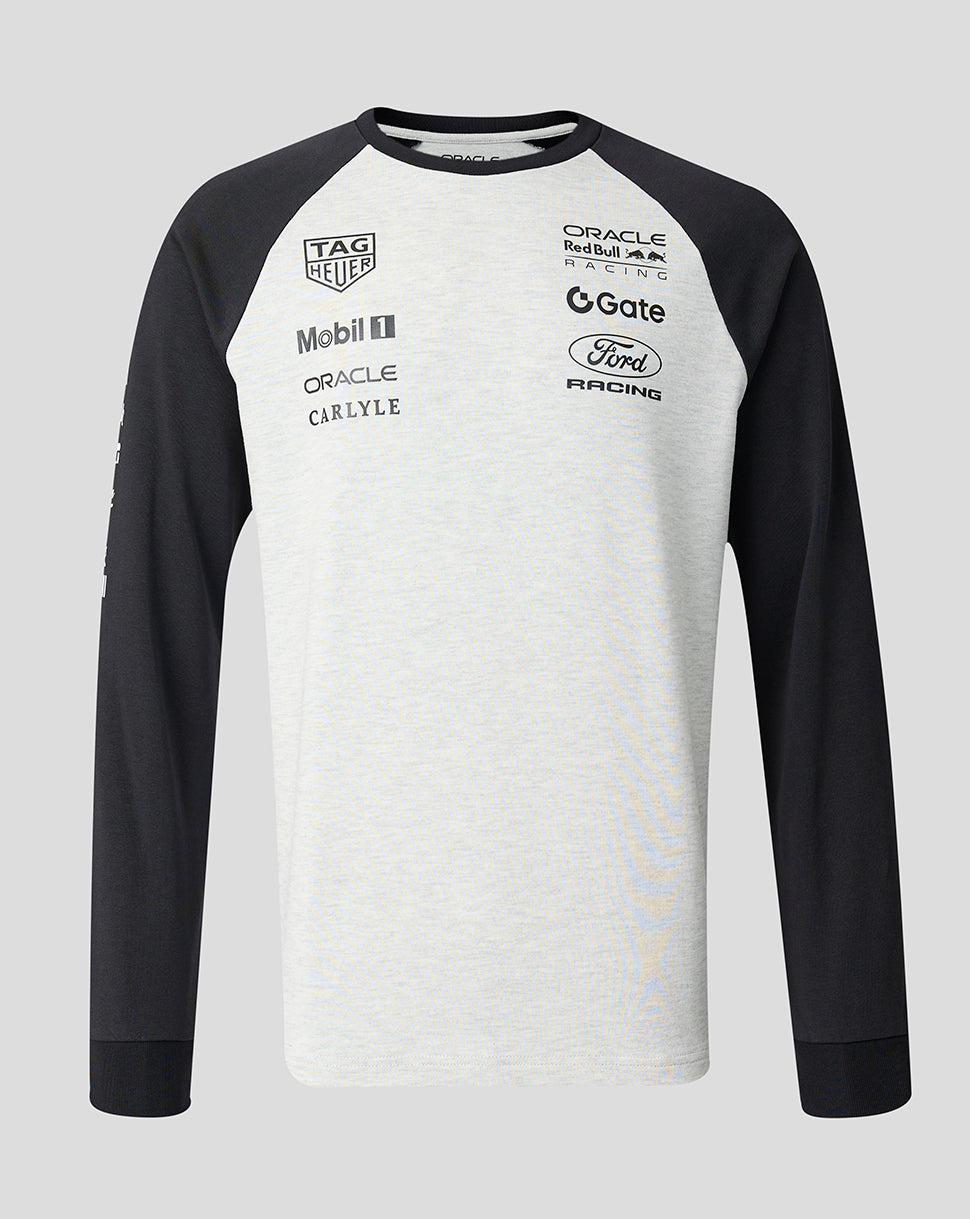 Off white marl raglan long sleeve Oracle Red Bull Racing T shirt with dark sleeves and front sponsor logos.