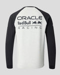 Back view of the Oracle Red Bull Racing unisex off white marl raglan long sleeve shirt with a large logo on the back.