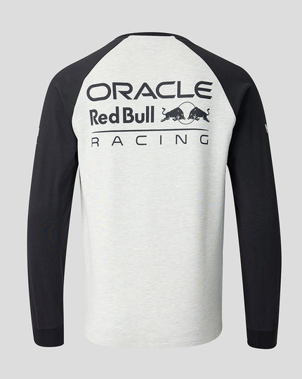 Back view of the Oracle Red Bull Racing unisex off white marl raglan long sleeve shirt with a large logo on the back.