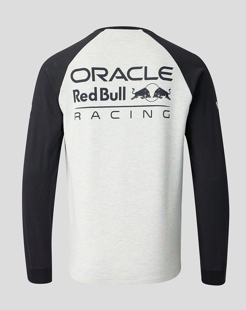 Back view of the Oracle Red Bull Racing unisex off white marl raglan long sleeve shirt with a large logo on the back.