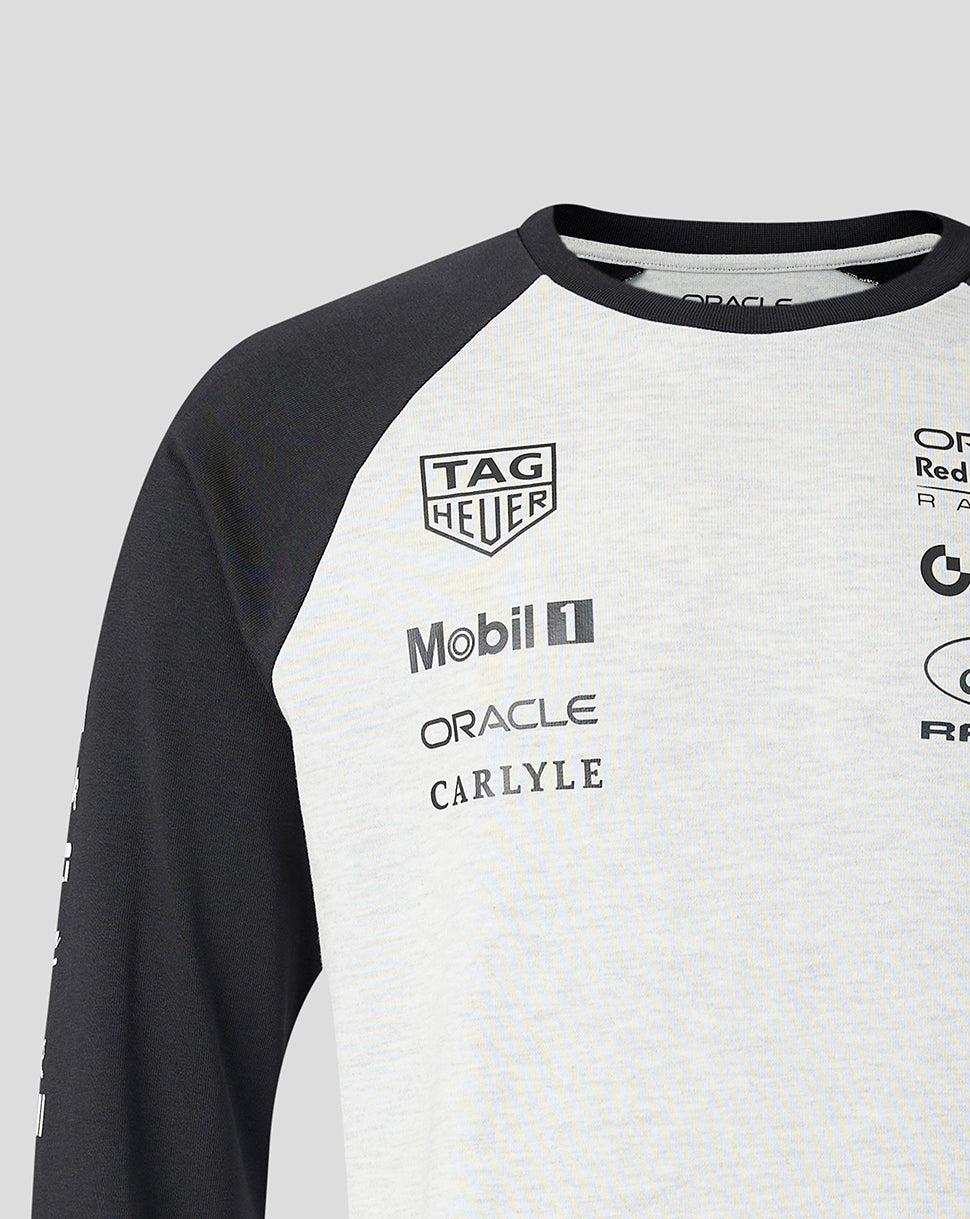 Front view of off white raglan with black sponsor logos TAG Heuer Mobil 1 Oracle Carlyle Red Bull Racing