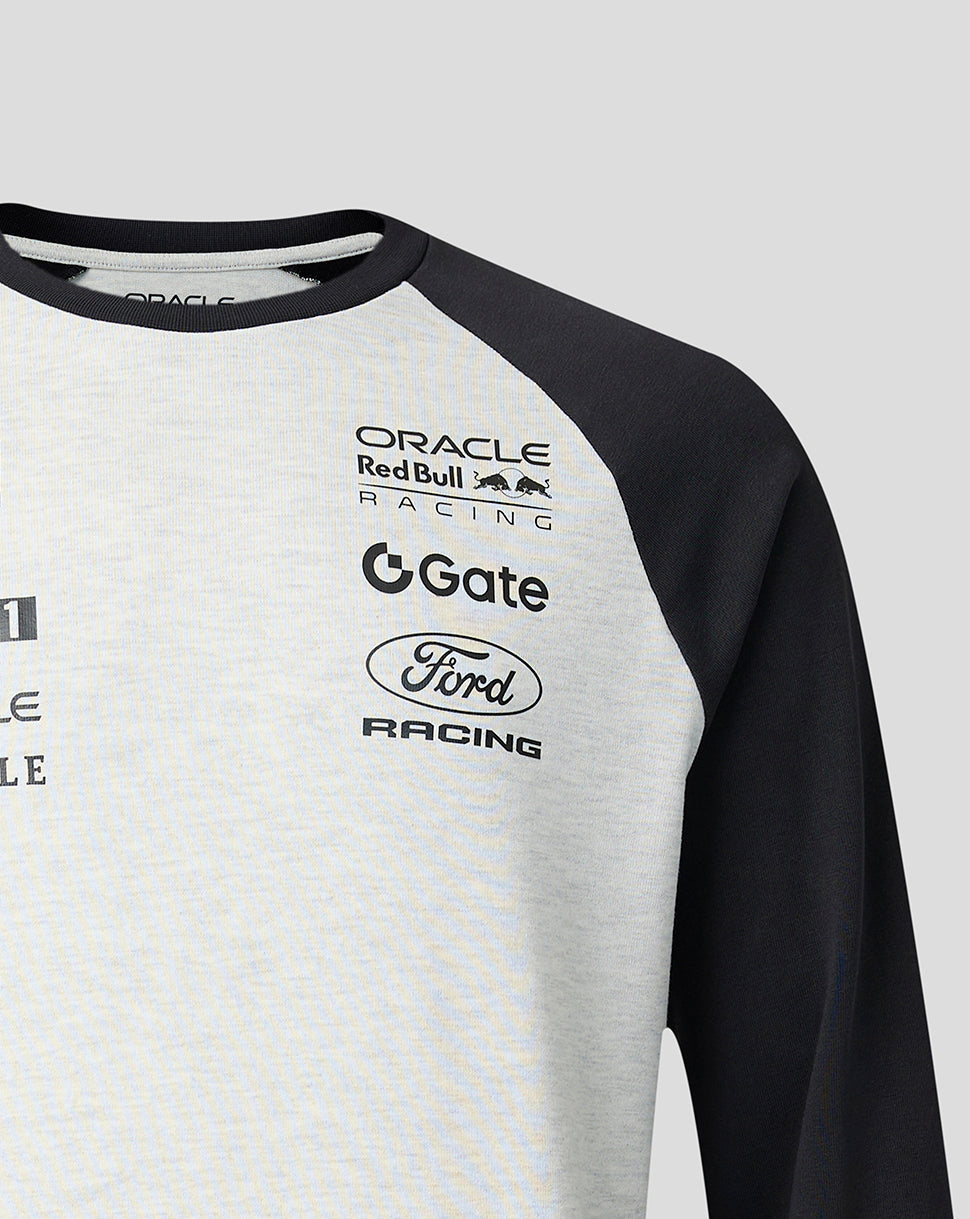 Left chest Oracle Red Bull Racing logo with Ford Racing and O Gate sponsor marks on light raglan tee