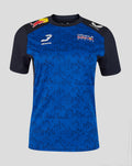 Front view of Oracle Red Bull Racing T shirt in blue with pixelated pattern and Verstappen 3 logo on chest.