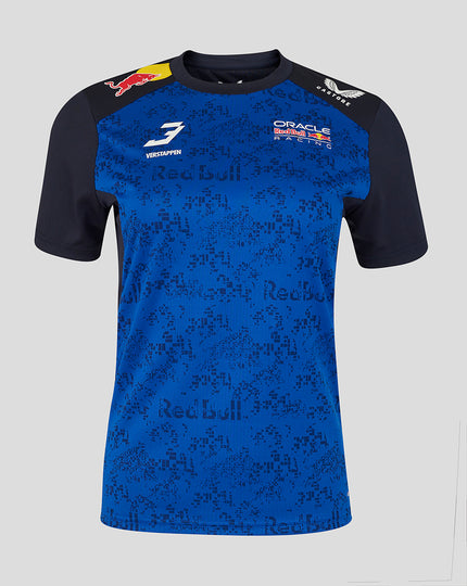 Front view of Oracle Red Bull Racing T shirt in blue with pixelated pattern and Verstappen 3 logo on chest.