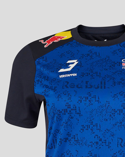 Close up of the blue patterned Red Bull Racing T shirt showing the Verstappen 3 logo on the chest and race style graphics.