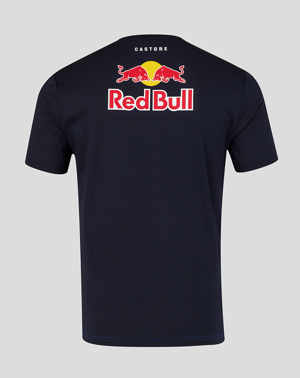 Back view of navy Oracle Red Bull Racing T shirt with a large Red Bull logo across the back and Castore branding.