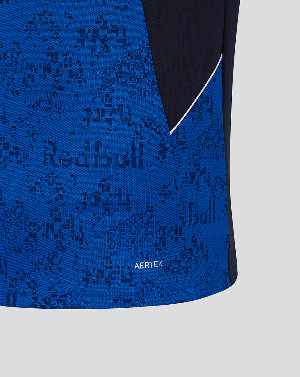Front view of blue patterned Oracle Red Bull Racing T shirt featuring Verstappen number 3 logo and bold branding on the chest.